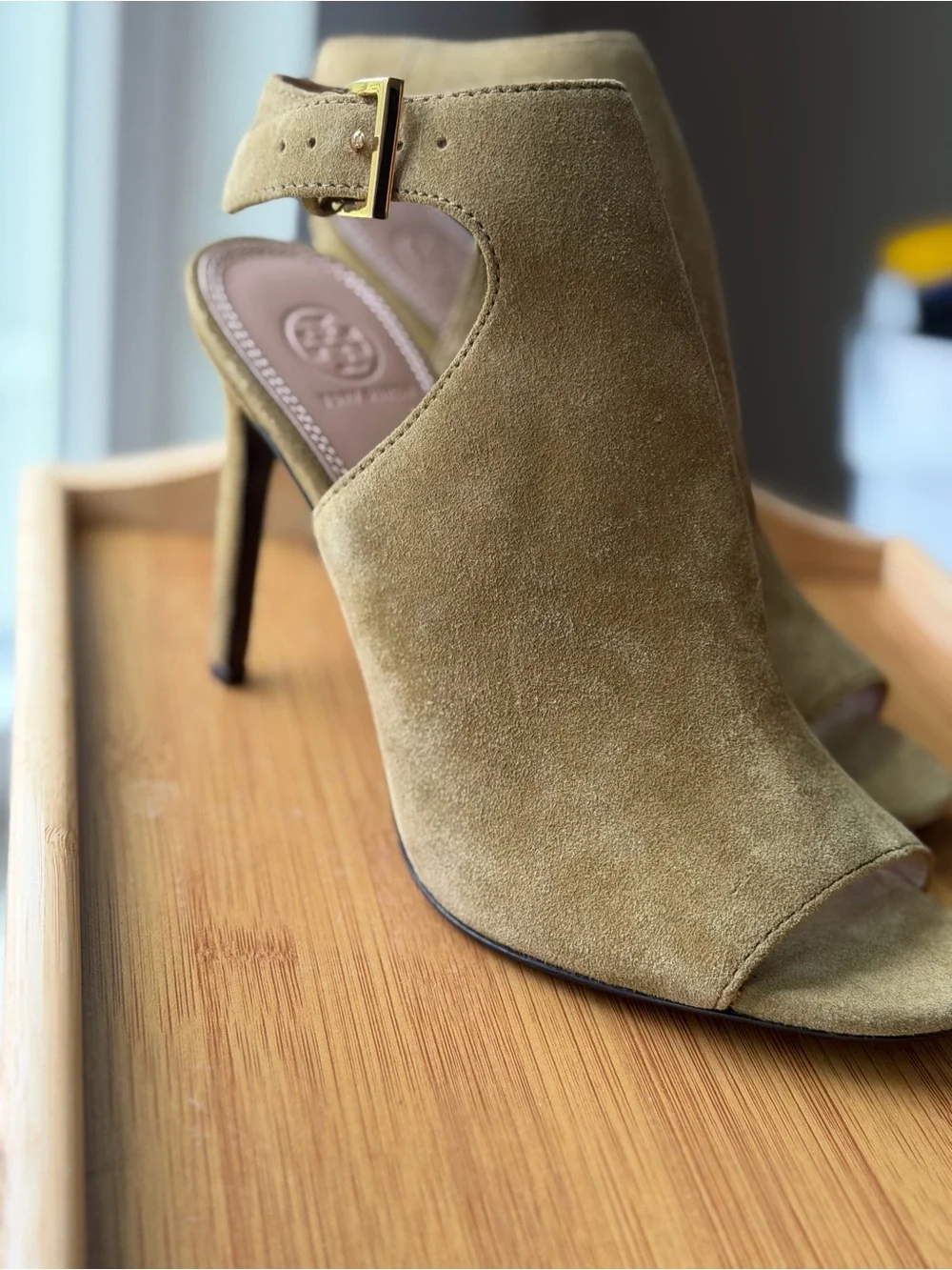 Tory Burch Olive Suede Open-Toe Ankle Booties